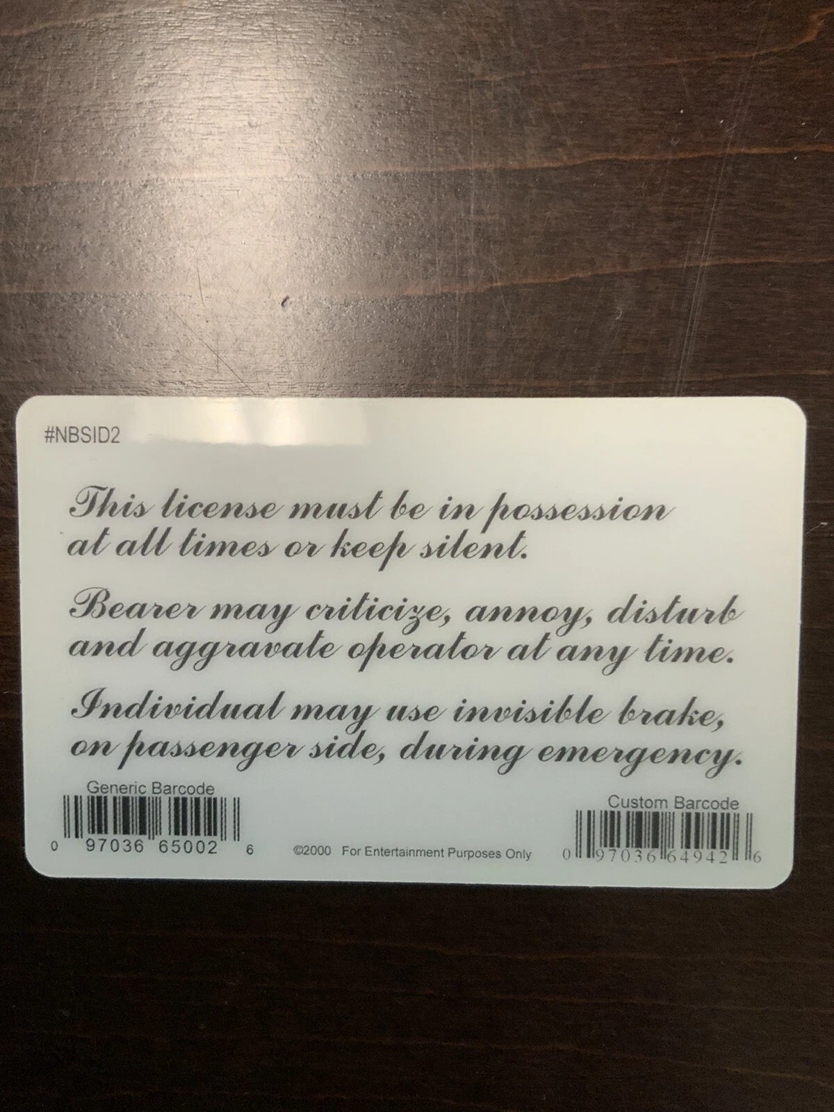 Back of Backseat Driver's License Novelty Card