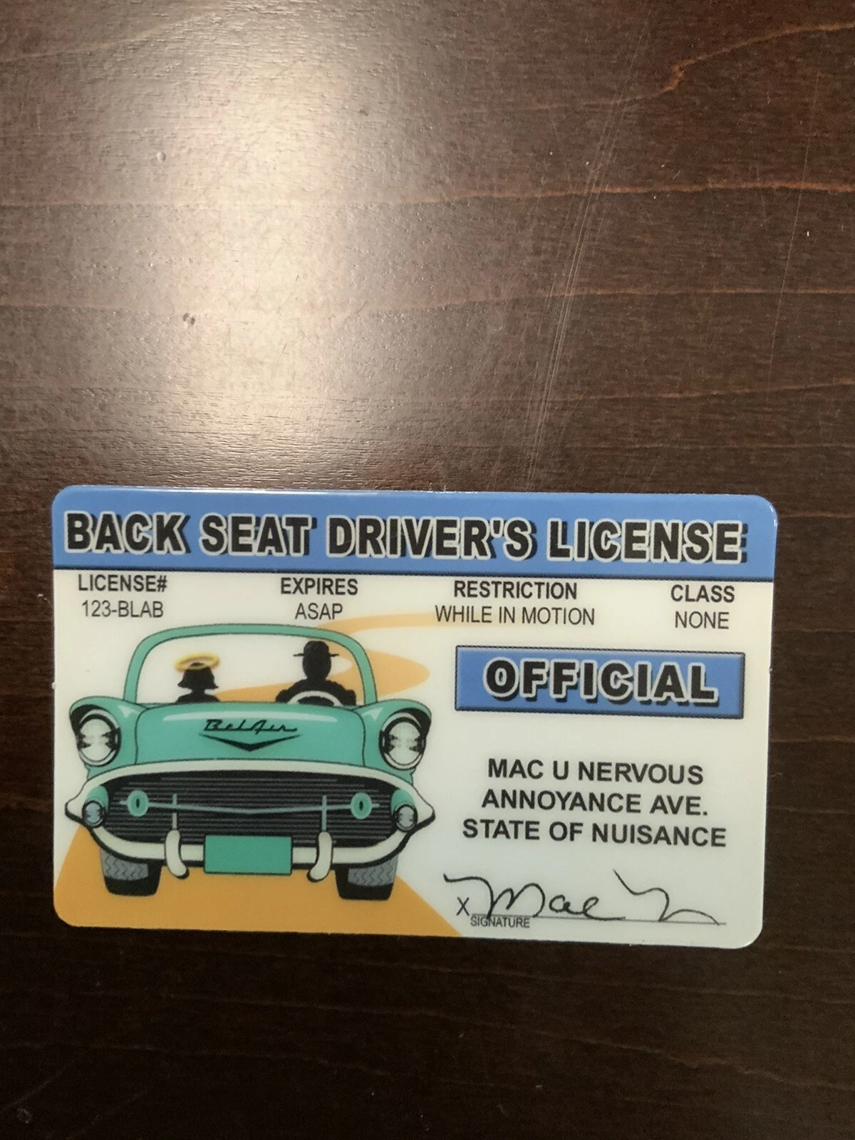 Front of Backseat Driver's License Novelty Card