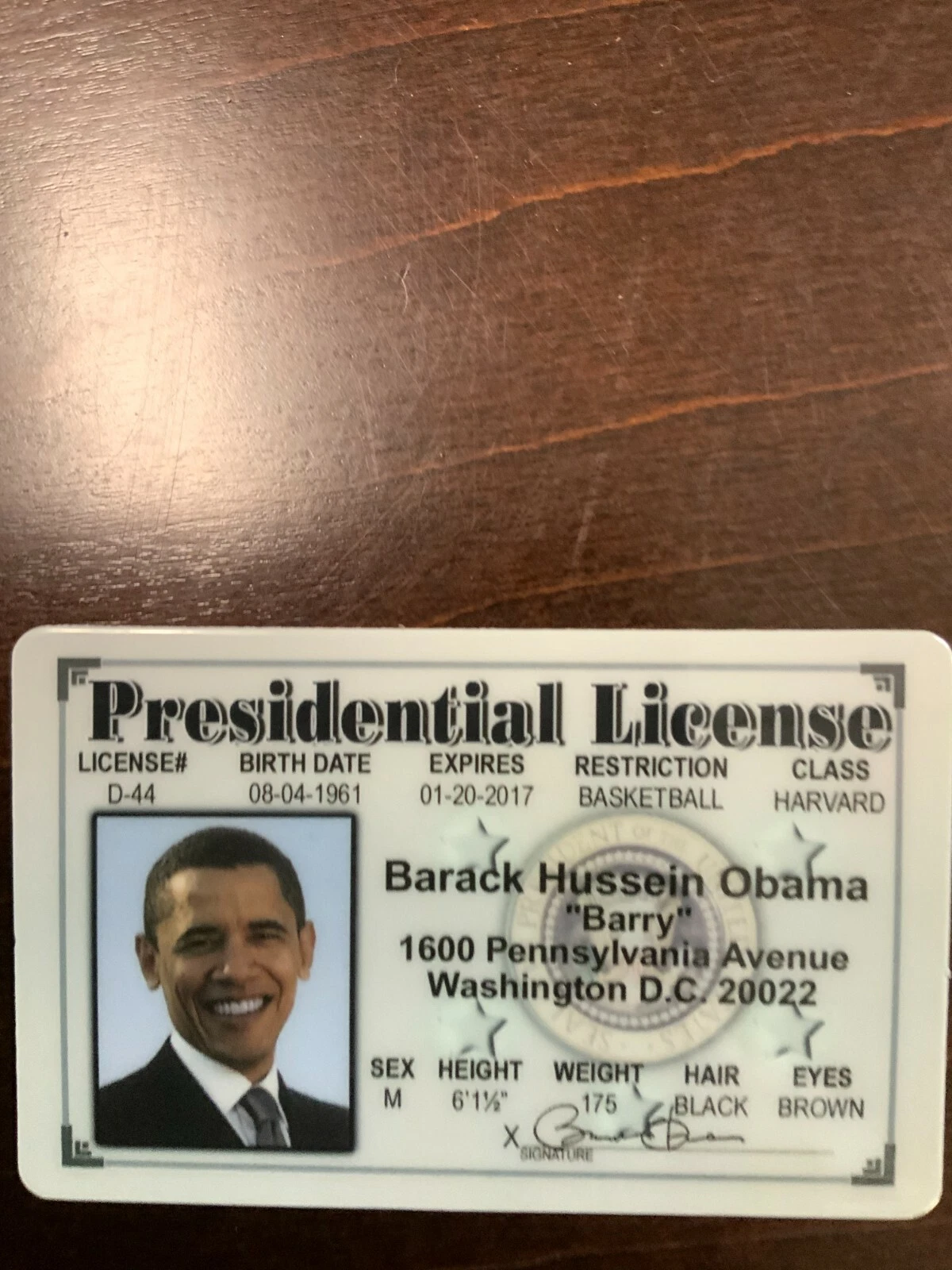 Barack Obama Presidential License Novelty ID Card front