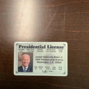 Biden & Harris ID cards with black background, white text, and green seals.