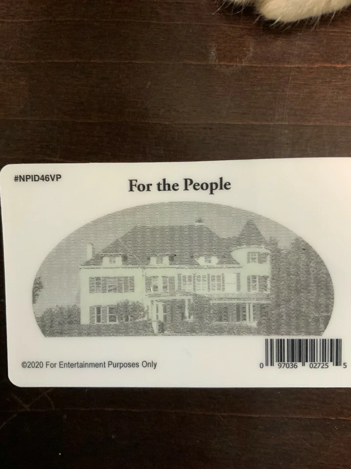 Biden & Harris card with textured house image, “For the People” text, barcode, and “Entertainment Purposes Only” label.