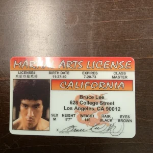 Bruce Lee martial arts license with orange top border, black hair silhouette, and “California” text in bold letters.