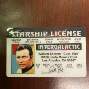 Front of Captain Kirk Starship License Novelty Card