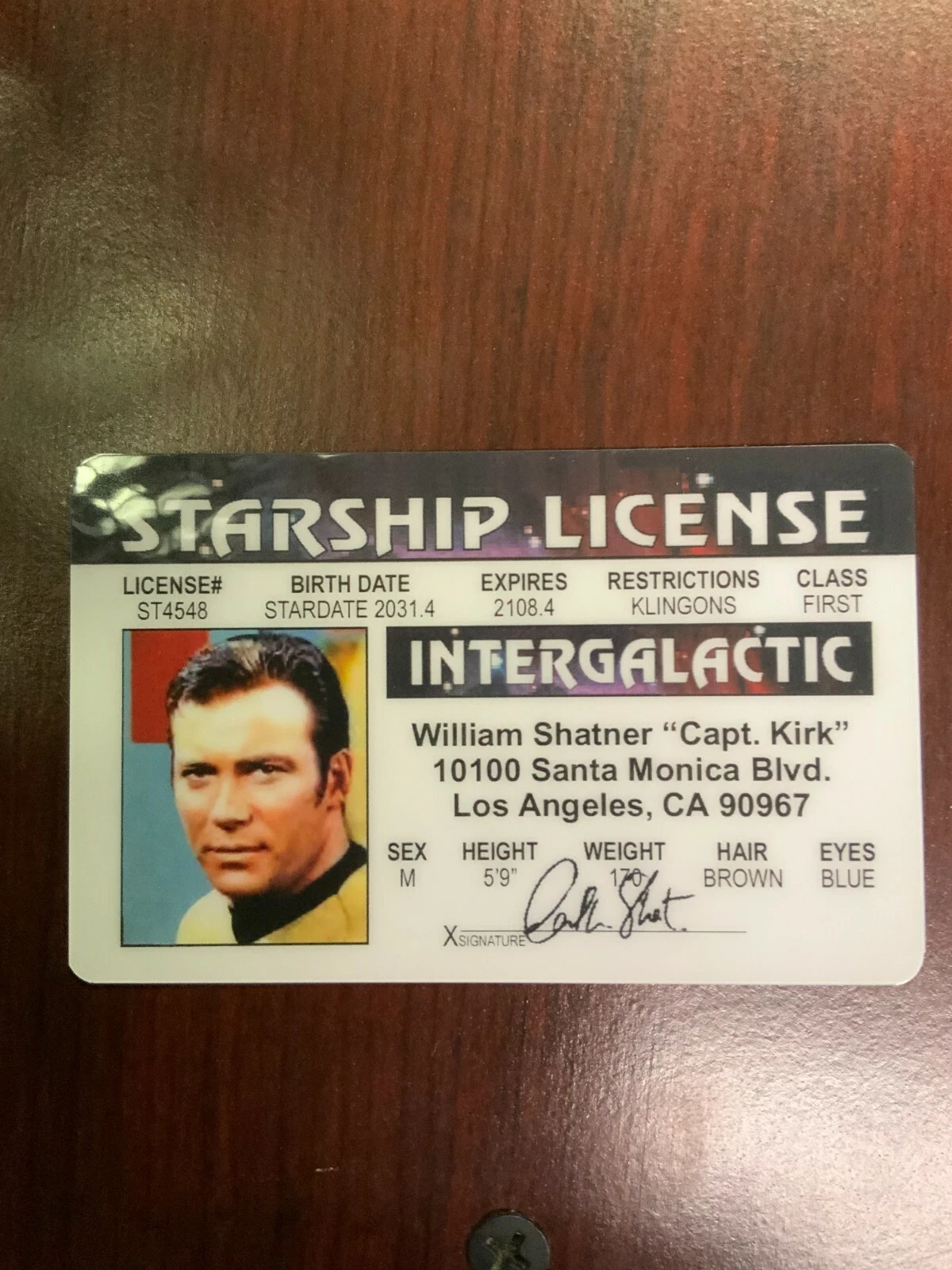 Front of Captain Kirk Starship License Novelty Card