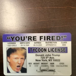 Donald John Trump 2020 Tycoon License card with gold border, red text, and partial portrait on dark background.