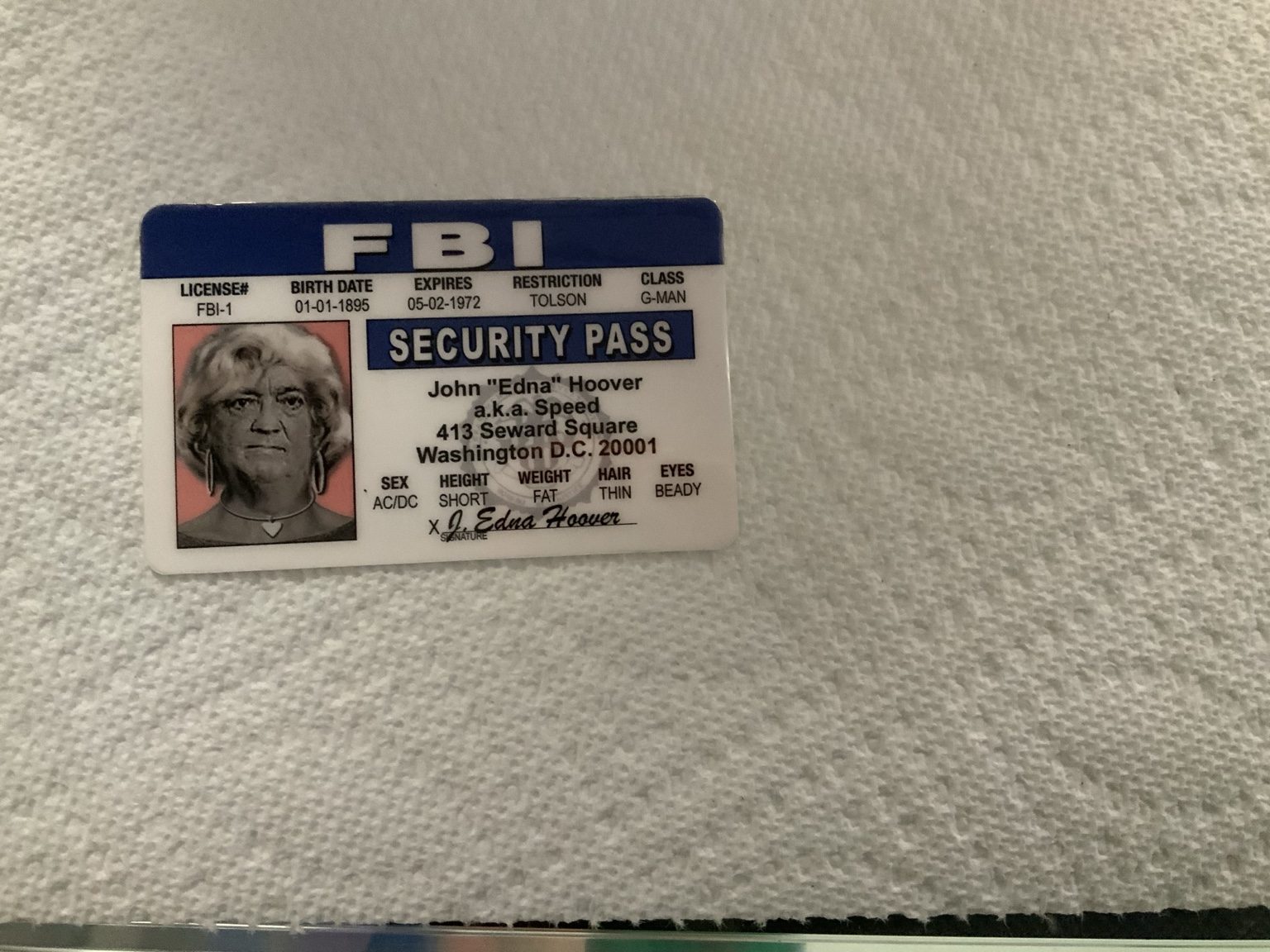 FBI Security Pass Hoover Novelty ID Card