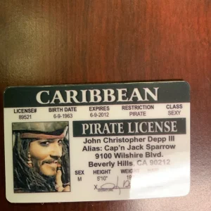 Front of Jack Sparrow Pirate License Novelty Card