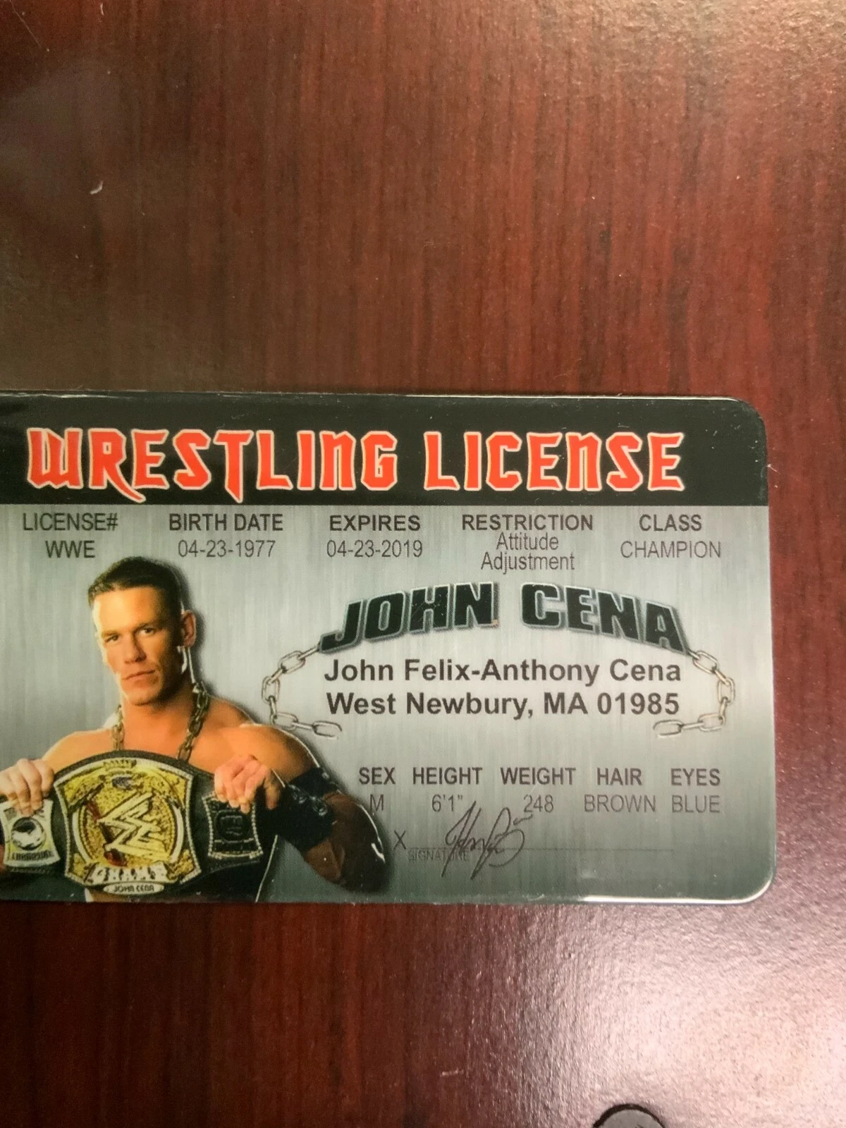 Front of John Cena Novelty Wrestling License Card