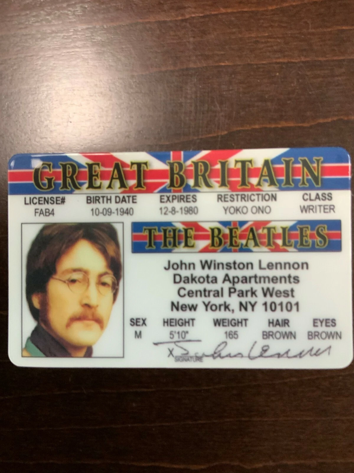 Front of John Lennon Novelty ID Card