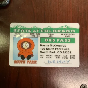 Front of Kenny McCormick South Park Novelty Bus Pass Card