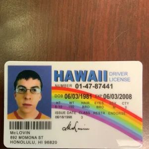 Front of McLovin Novelty ID Card