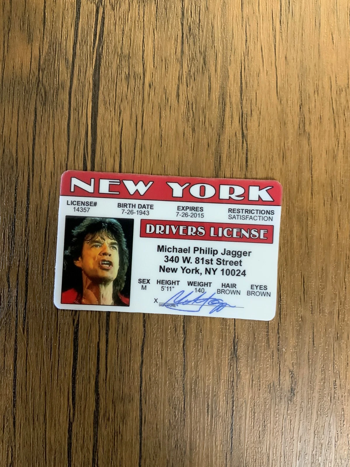 Front of Mick Jagger Novelty ID Card