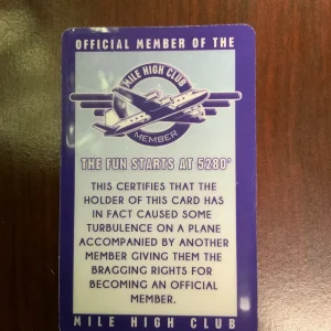 Blue Mile High Club membership card with silver airplane graphic, red “Member” text, and bold white Mile High Club logo.