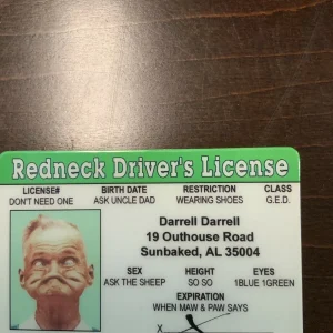 Redneck Driver’s License Novelty Card front