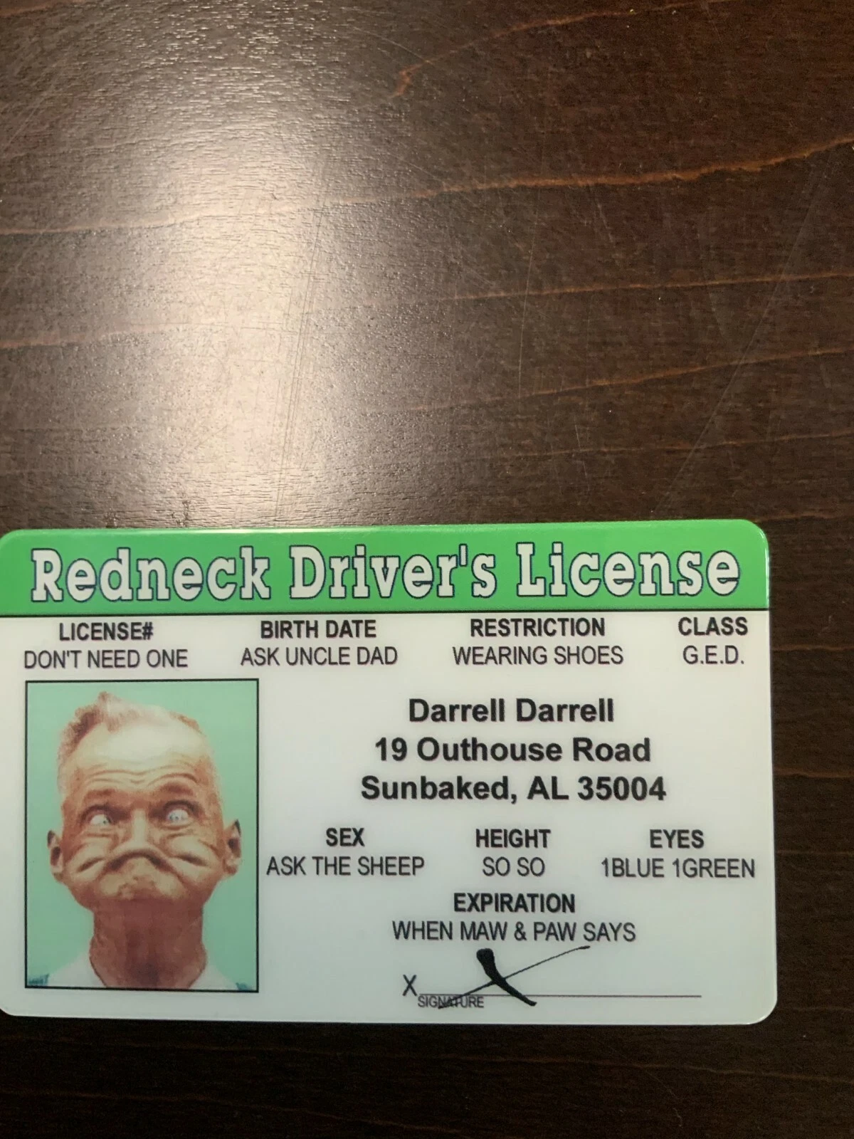 Redneck Driver’s License Novelty Card front
