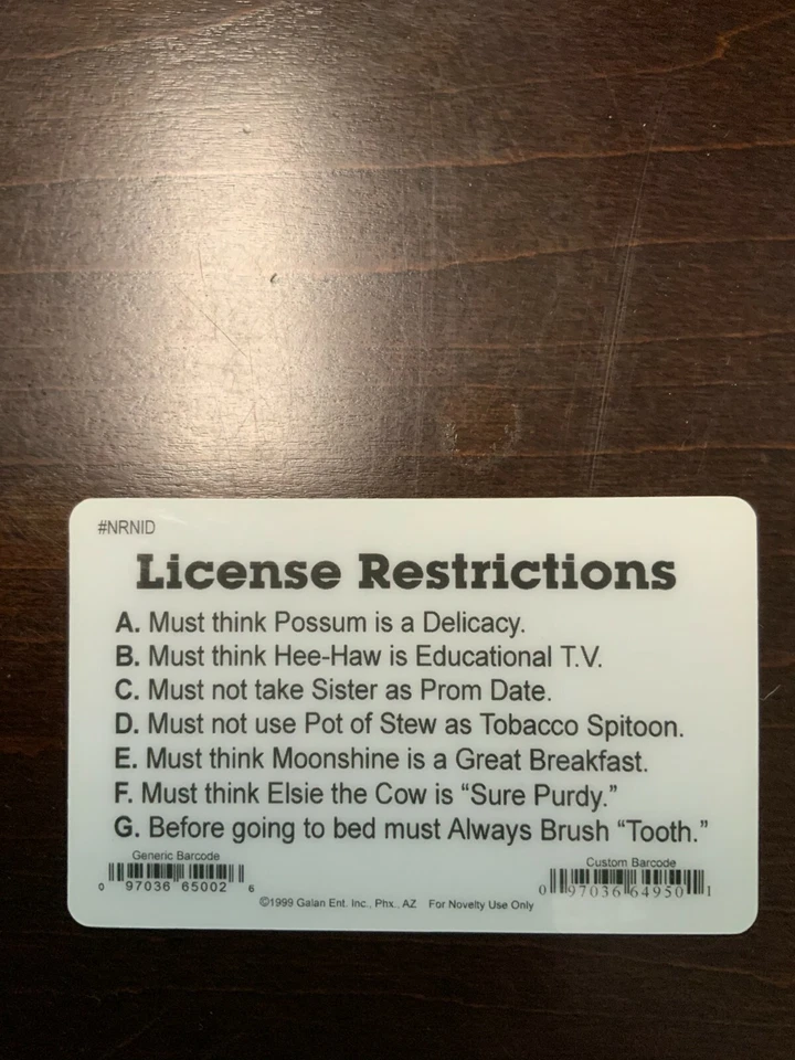 Redneck Driver’s License Novelty Card reverse
