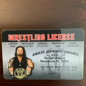 Front of Roman Reigns Novelty ID Card