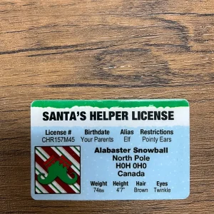 Front of Santa's Helper Novelty License Card