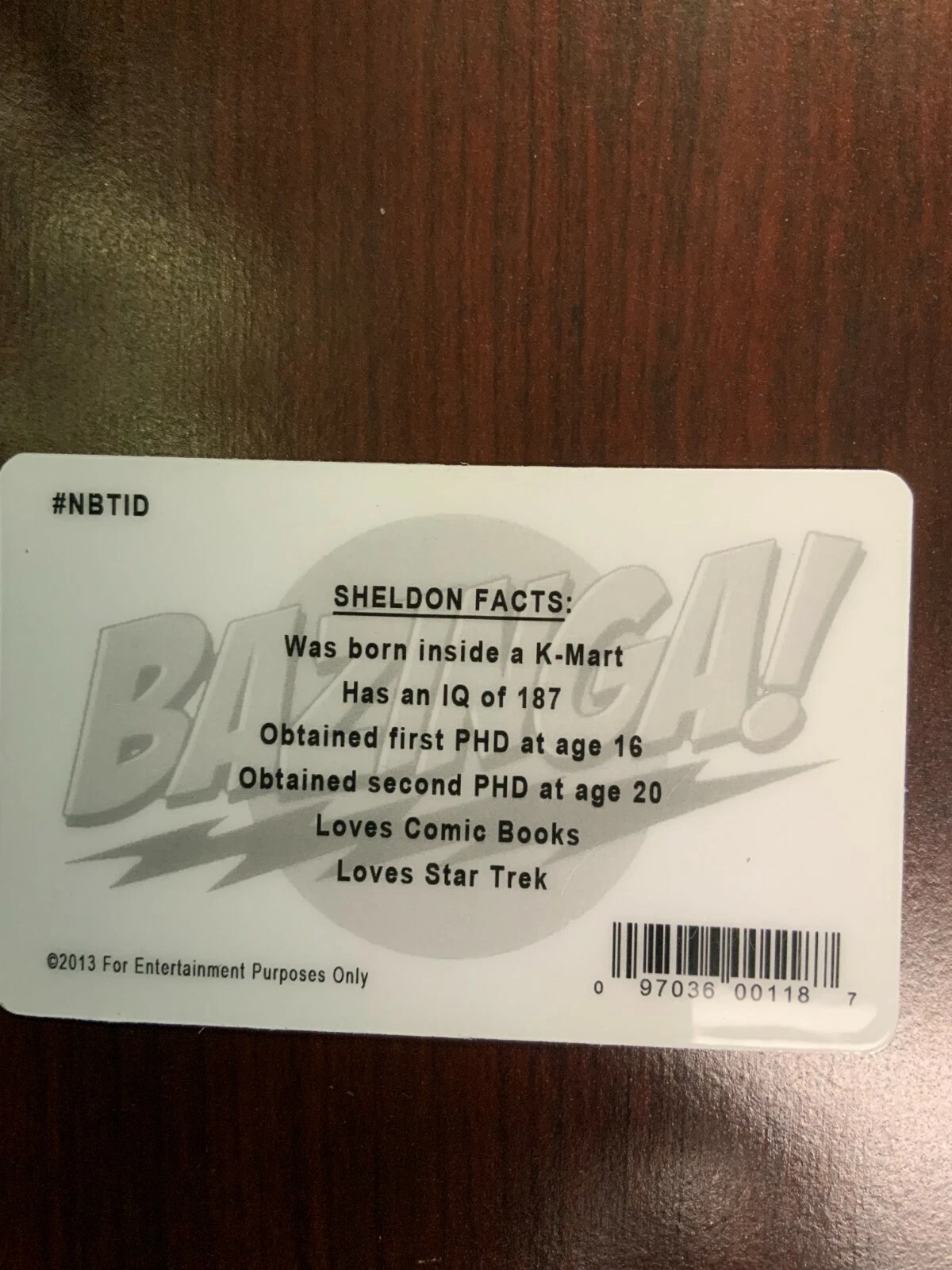 Back of Sheldon Cooper Novelty ID Card