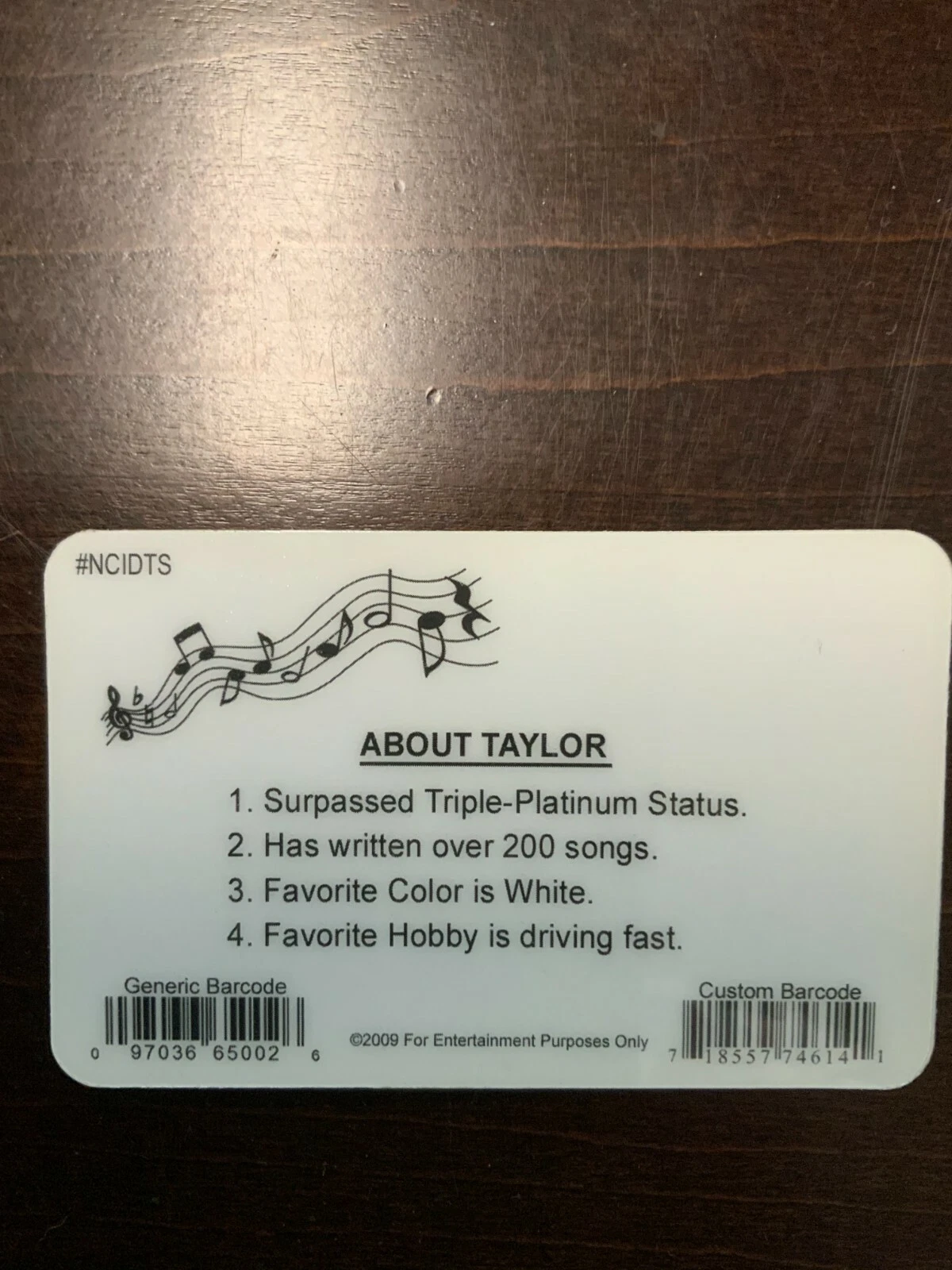 Back of Taylor Swift Novelty ID Card