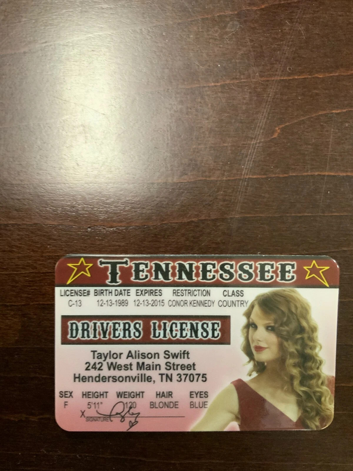 Front of Taylor Swift Novelty ID Card