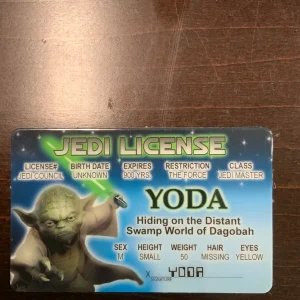 Yoda Jedi License Novelty ID Card front